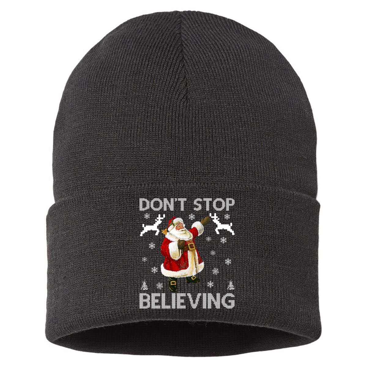 Don't Stop Believing Christmas Ugly Sweater Design Sustainable Knit Beanie