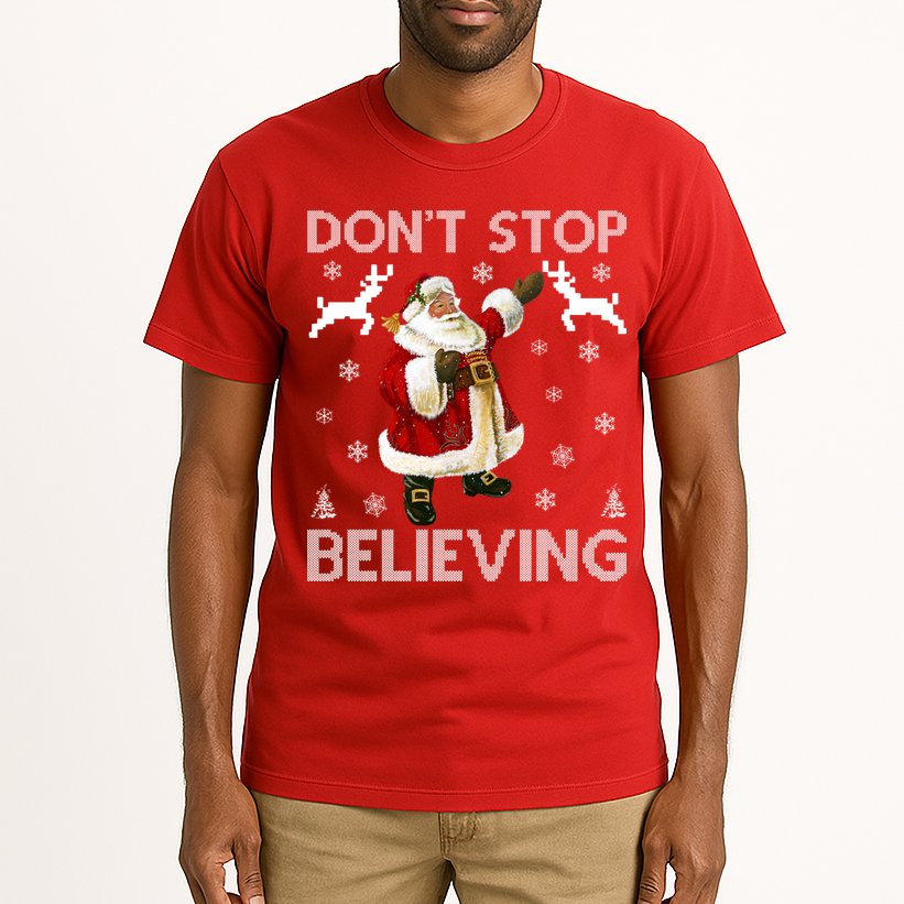Don't Stop Believing Christmas Ugly Sweater Design Tall T-Shirt
