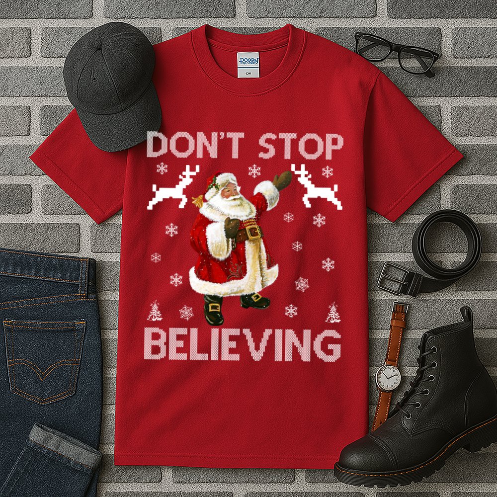 Don't Stop Believing Christmas Ugly Sweater Design Tall T-Shirt