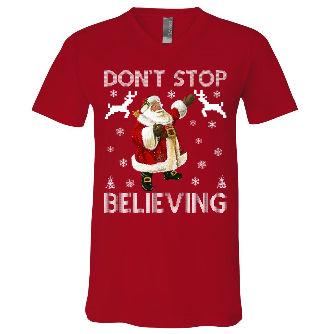 Don't Stop Believing Christmas Ugly Sweater Design V-Neck T-Shirt