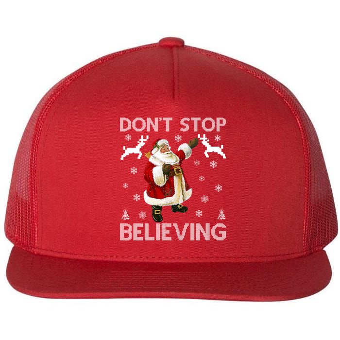 Don't Stop Believing Christmas Ugly Sweater Design Flat Bill Trucker Hat