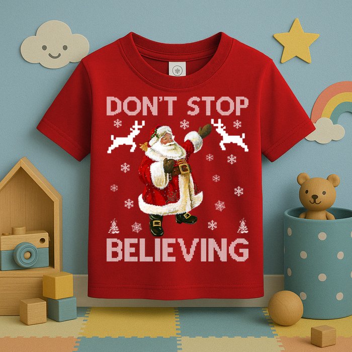 Don't Stop Believing Christmas Ugly Sweater Design Toddler T-Shirt