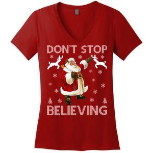 Don't Stop Believing Christmas Ugly Sweater Design Women's V-Neck T-Shirt