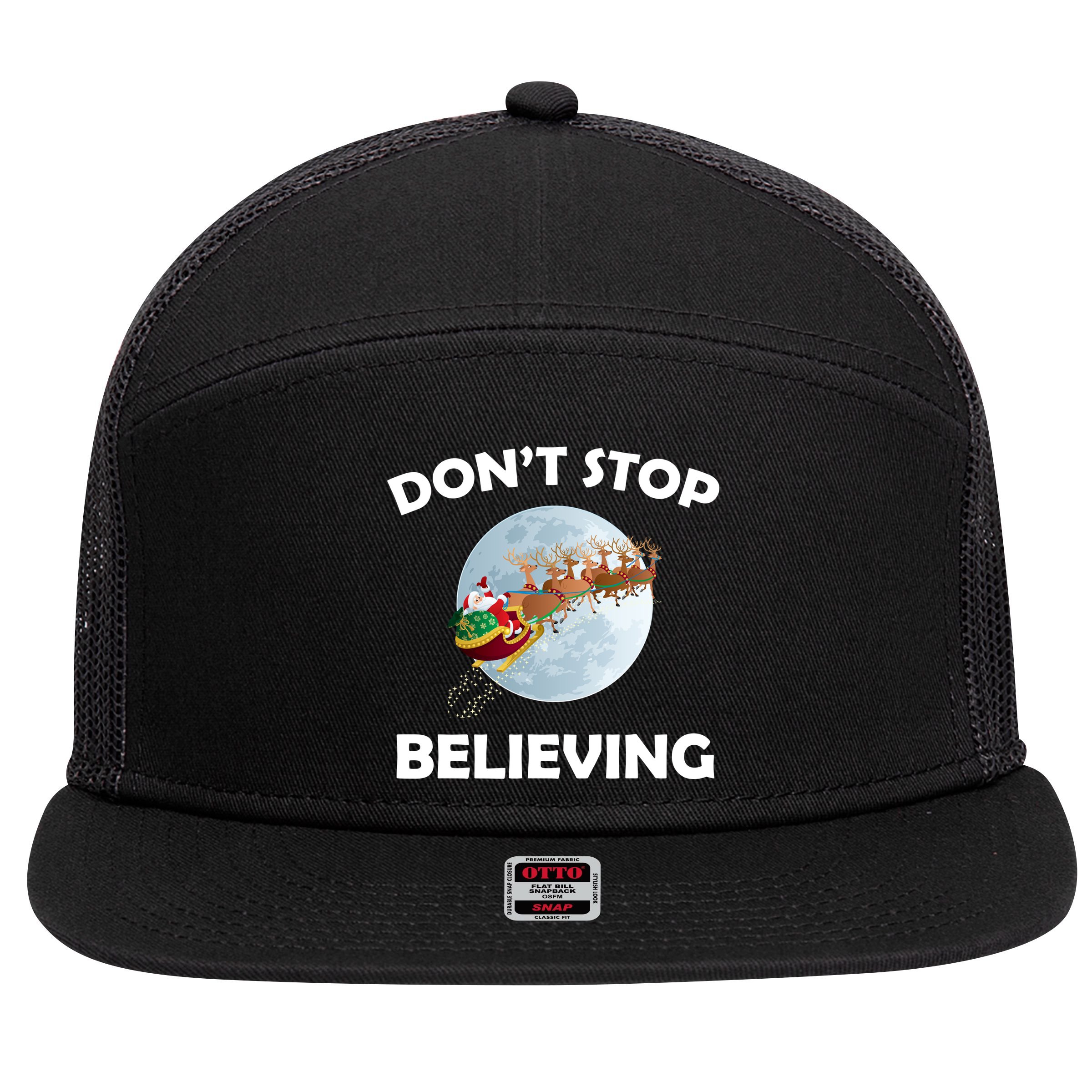 Don't Stop Believing In Santa 7 Panel Mesh Trucker Snapback Hat