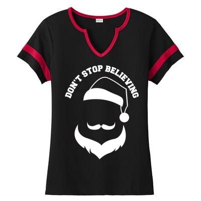 Don't Stop Believing Santa Face Ladies Halftime Notch Neck Tee