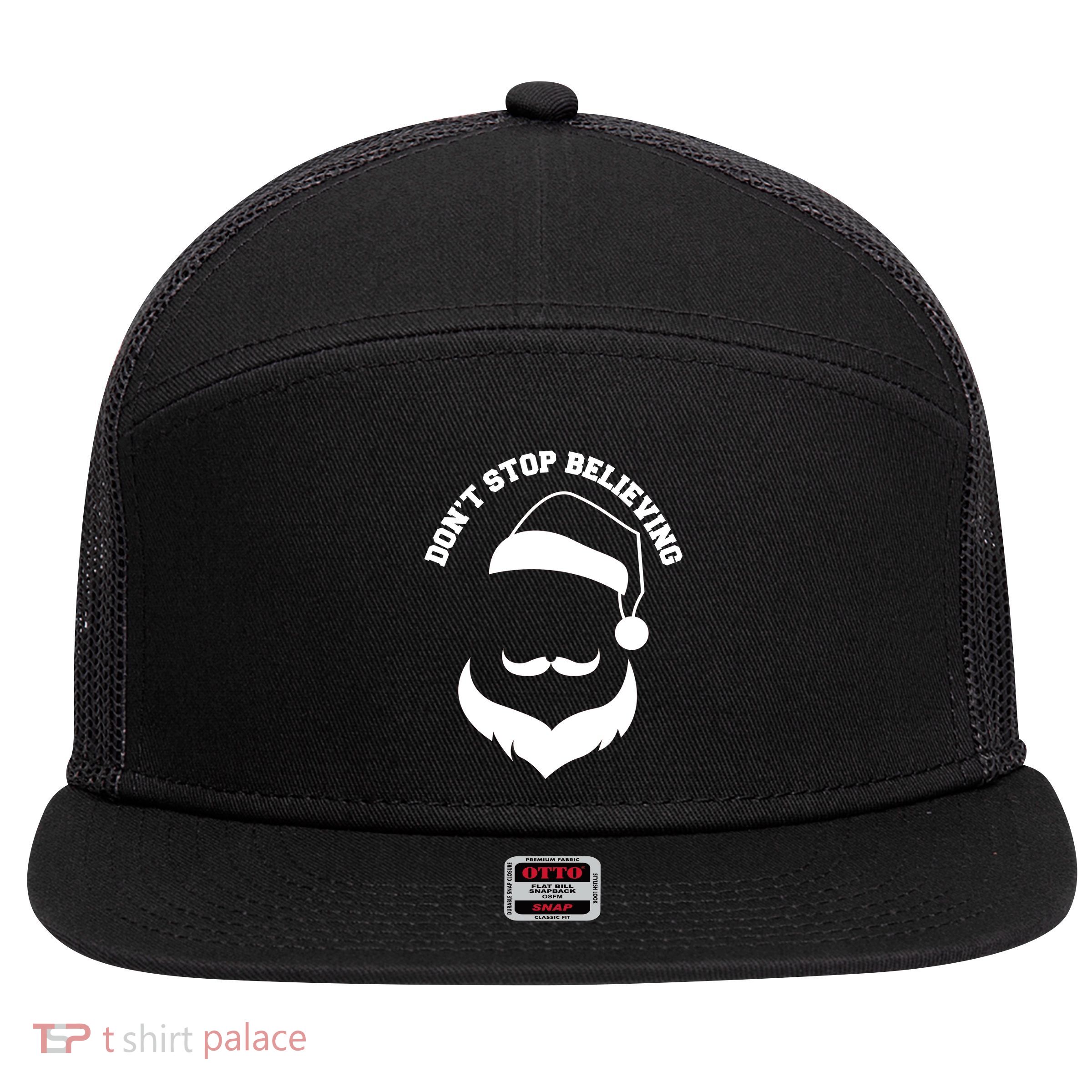 Don't Stop Believing Santa Face 7 Panel Mesh Trucker Snapback Hat
