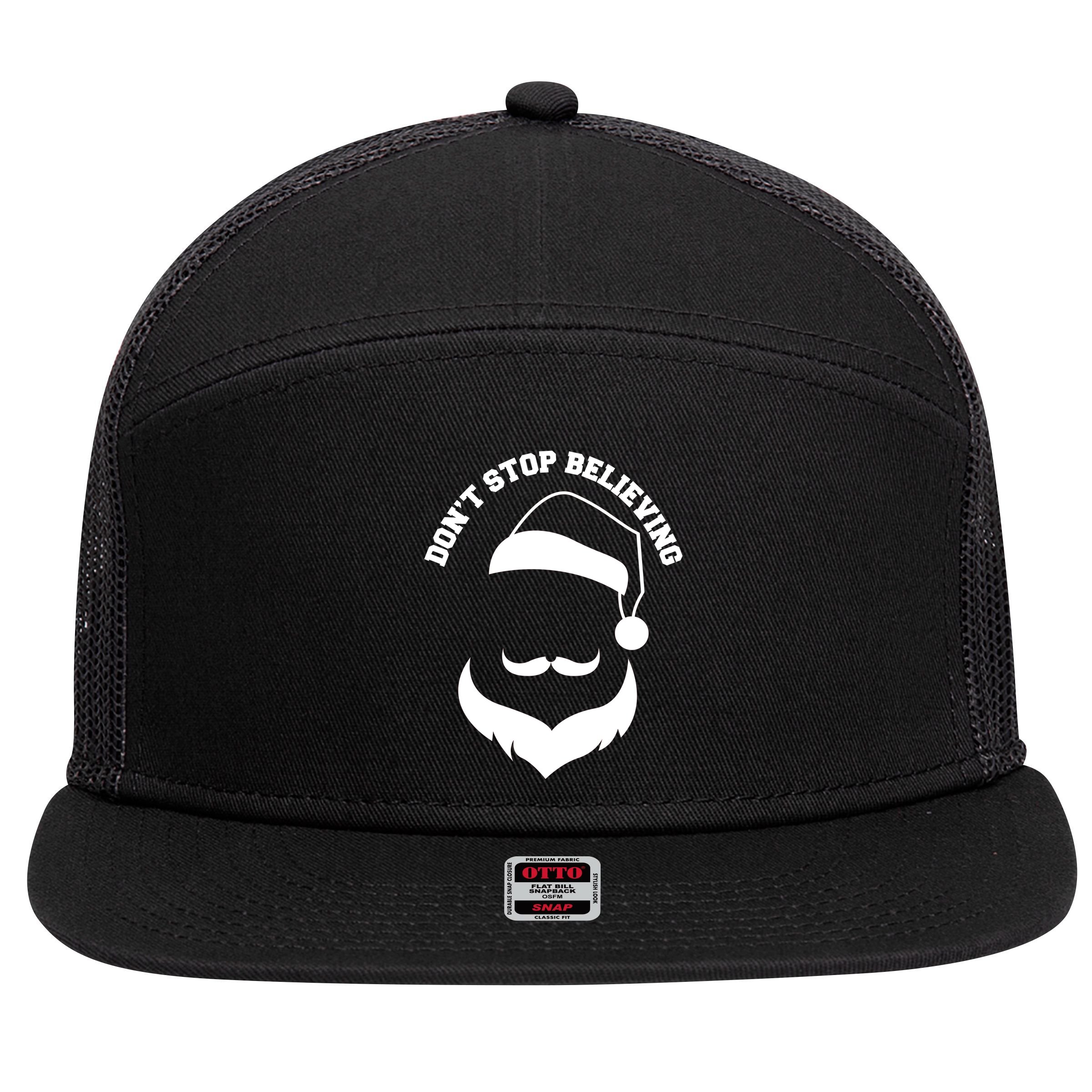 Don't Stop Believing Santa Face 7 Panel Mesh Trucker Snapback Hat