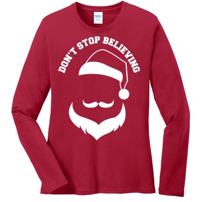 Don't Stop Believing Santa Face Ladies Long Sleeve Shirt