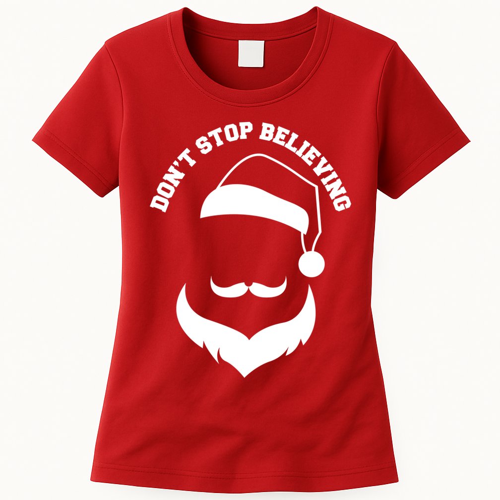 Don't Stop Believing Santa Face Womens T-Shirt
