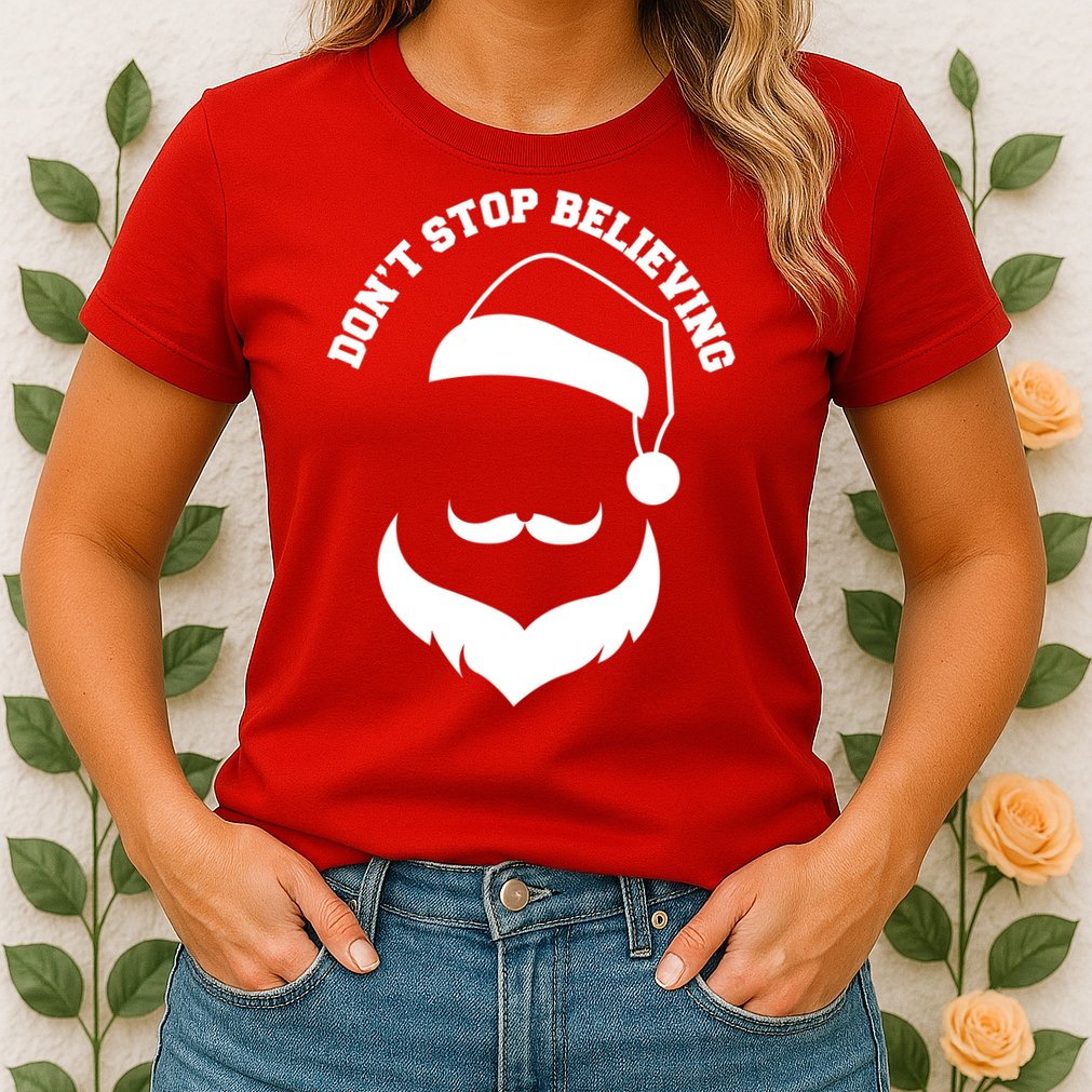 Don't Stop Believing Santa Face Womens T-Shirt