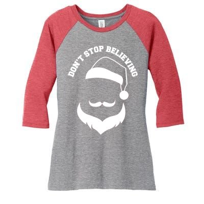 Don't Stop Believing Santa Face Women's Tri-Blend 3/4-Sleeve Raglan Shirt