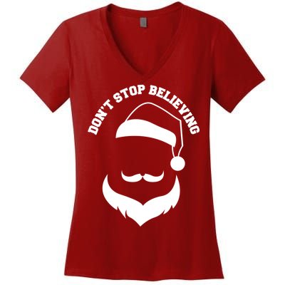 Don't Stop Believing Santa Face Women's V-Neck T-Shirt