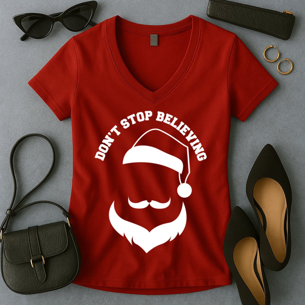Don't Stop Believing Santa Face Women's V-Neck T-Shirt