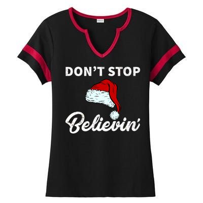 Don't Stop Believing Santa Hat Ladies Halftime Notch Neck Tee