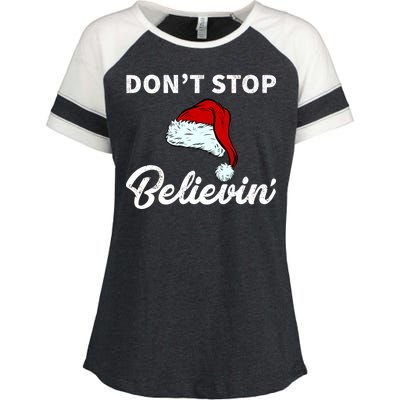 Don't Stop Believing Santa Hat Enza Ladies Jersey Colorblock Tee