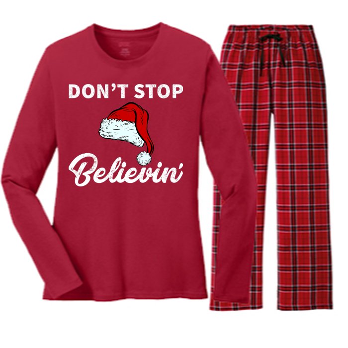 Don't Stop Believing Santa Hat Women's Long Sleeve Flannel Pajama Set 