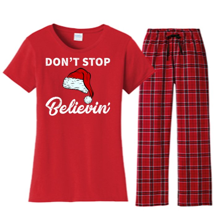 Don't Stop Believing Santa Hat Women's Flannel Pajama Set