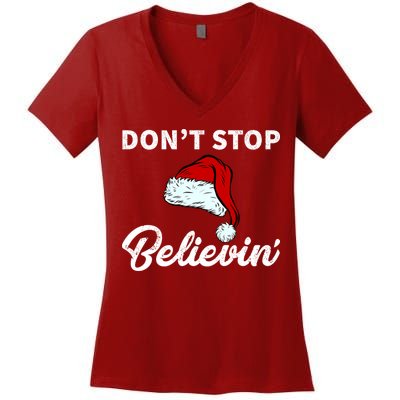 Don't Stop Believing Santa Hat Women's V-Neck T-Shirt