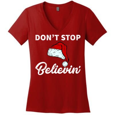 Don't Stop Believing Santa Hat Women's V-Neck T-Shirt