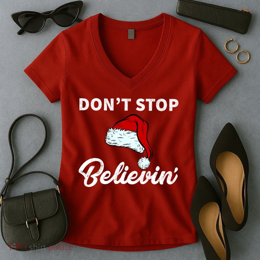 Don't Stop Believing Santa Hat Women's V-Neck T-Shirt