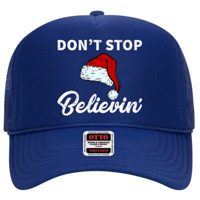 Don't Stop Believing Santa Hat High Crown Mesh Back Trucker Hat