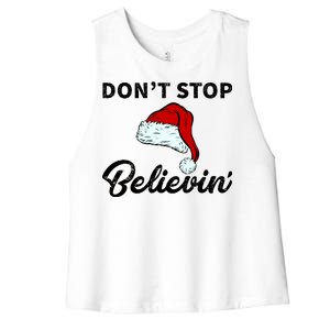 Don't Stop Believing Santa Hat Women's Racerback Cropped Tank