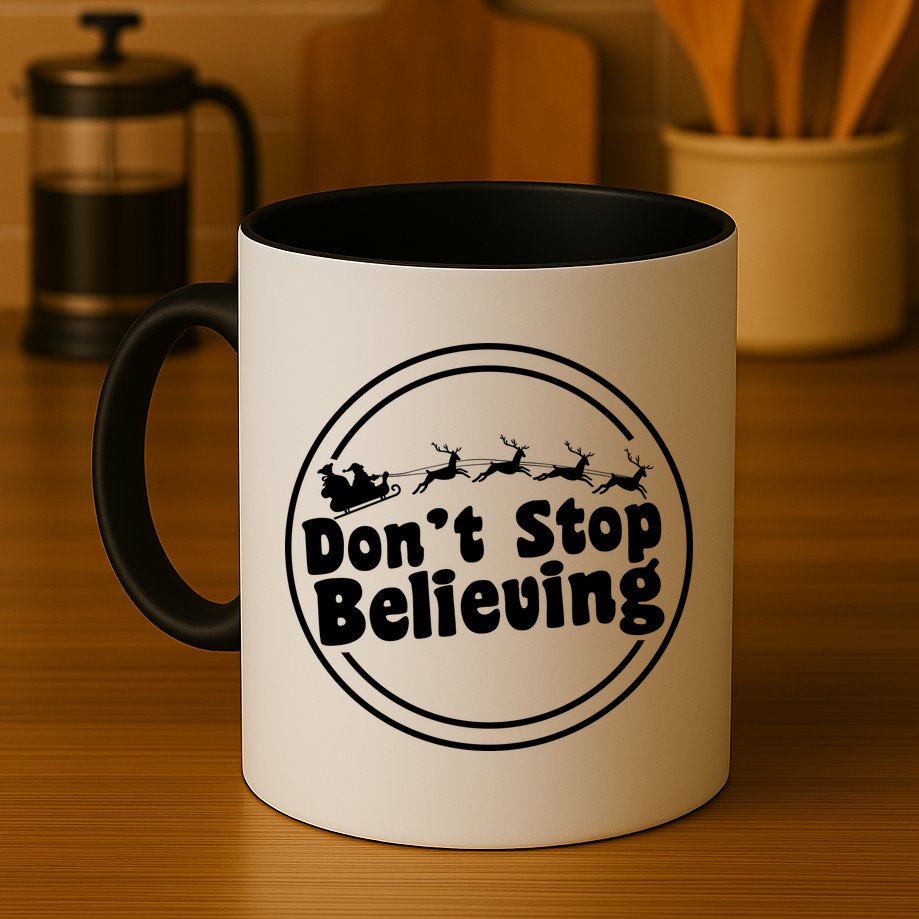 Don't Stop Believing Santa Sleigh Christmas Mug