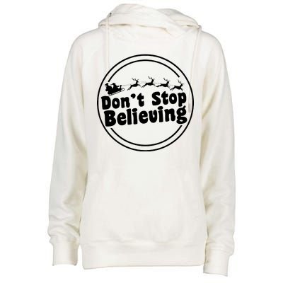 Don't Stop Believing Santa Sleigh Christmas Womens Funnel Neck Pullover Hood