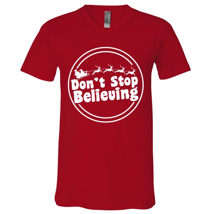 Don't Stop Believing Santa Sleigh Christmas V-Neck T-Shirt