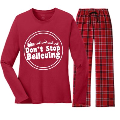 Don't Stop Believing Santa Sleigh Christmas Women's Long Sleeve Flannel Pajama Set 