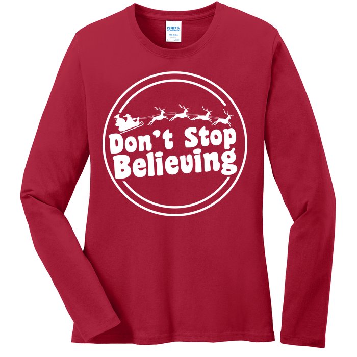 Don't Stop Believing Santa Sleigh Christmas Ladies Long Sleeve Shirt