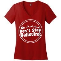 Don't Stop Believing Santa Sleigh Christmas Women's V-Neck T-Shirt