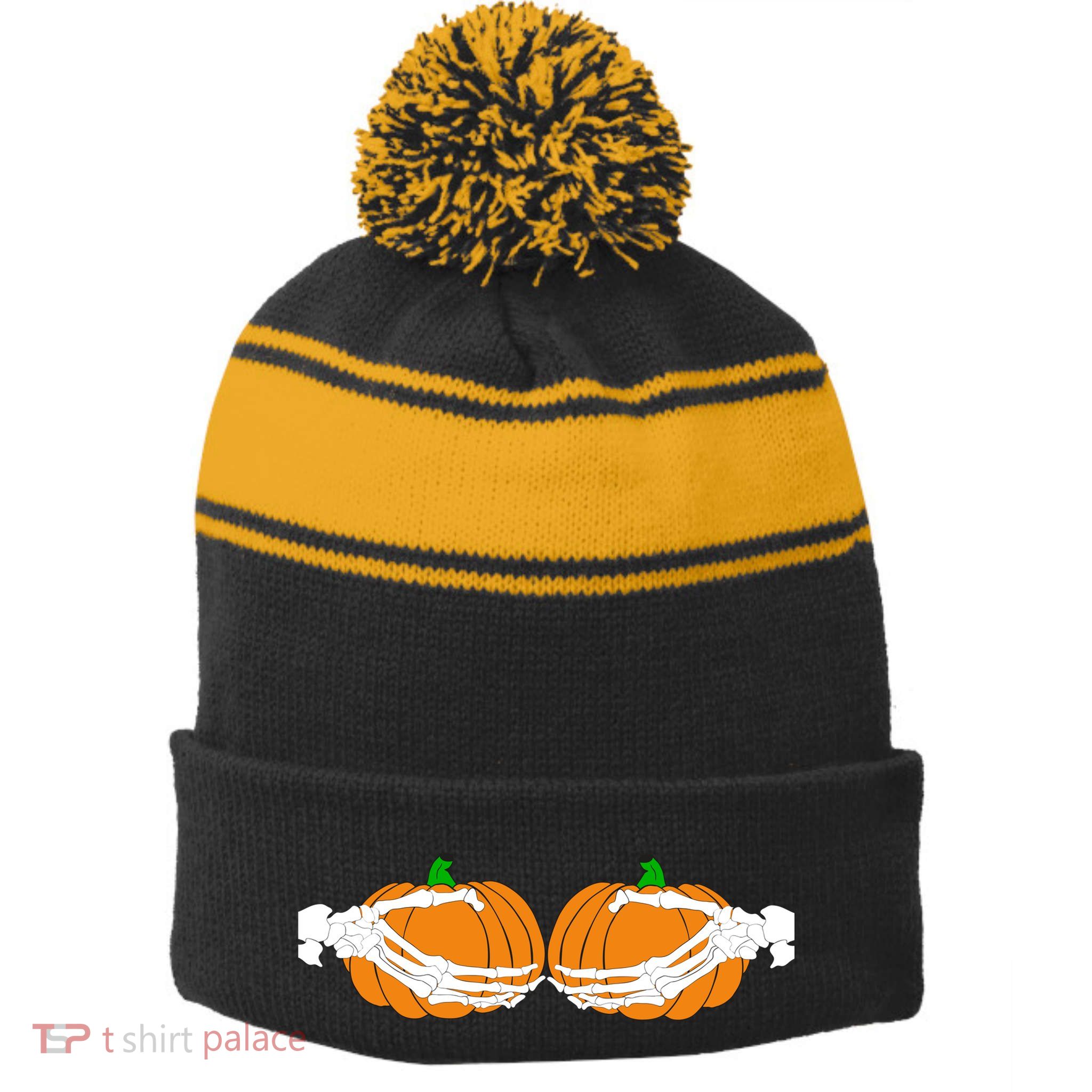 Don't Touch My Pumpkins Skeleton Hands Stripe Pom Pom Beanie