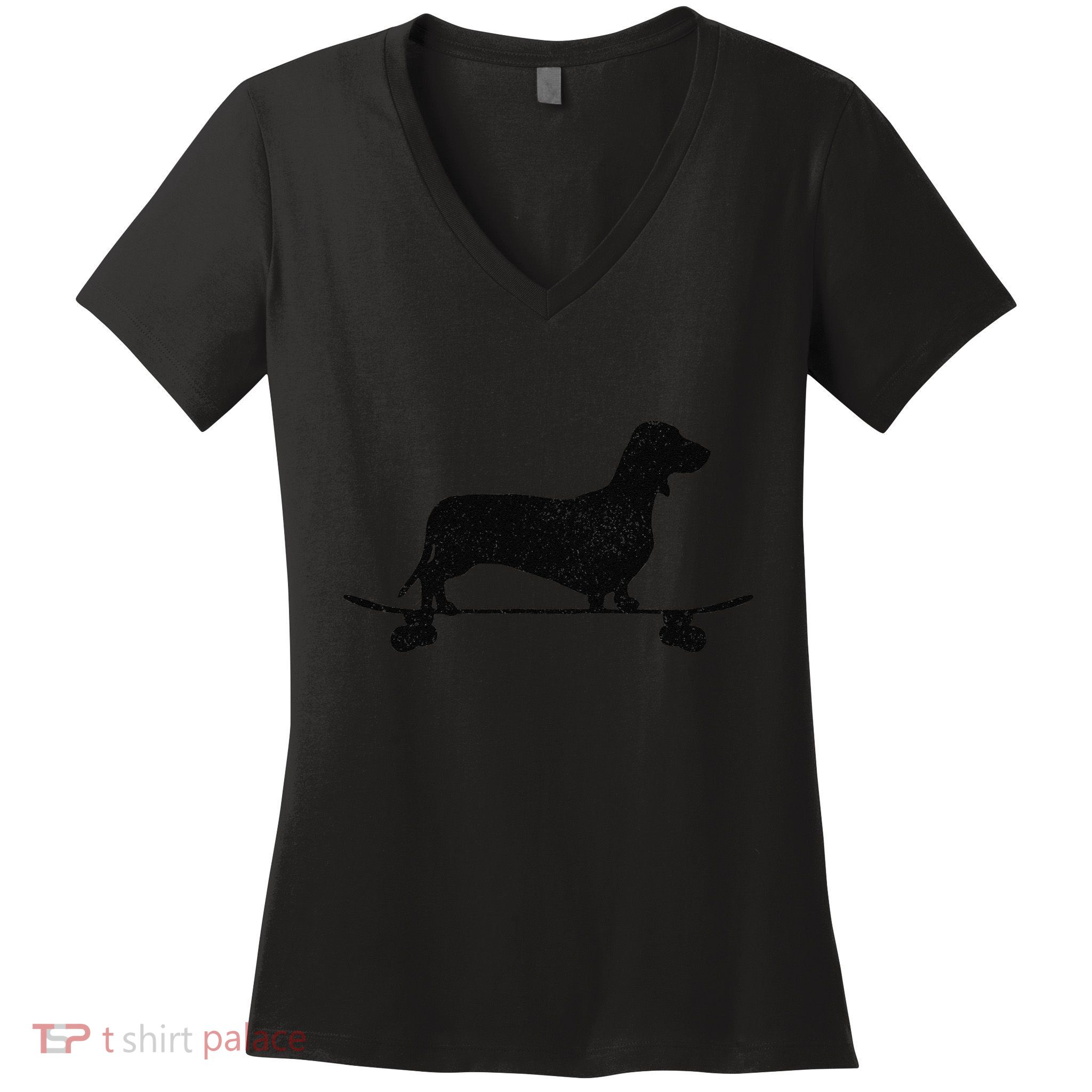 Dachshund On Skateboard Funny Wiener Dog Doxie Skater Gift Women's V-Neck T-Shirt