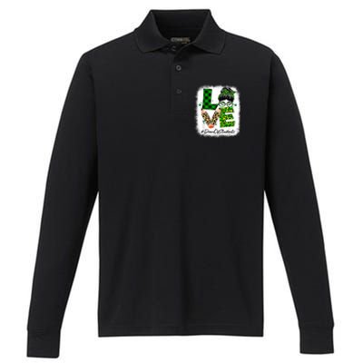 Dean Of Students Love Bleached Messy Bun St Patricks Day Performance Long Sleeve Polo