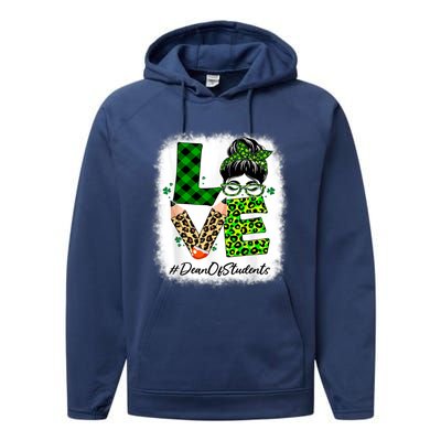 Dean Of Students Love Bleached Messy Bun St Patricks Day Performance Fleece Hoodie