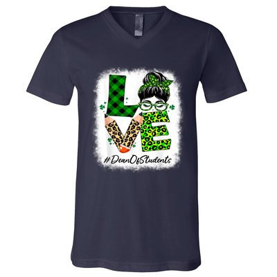 Dean Of Students Love Bleached Messy Bun St Patricks Day V-Neck T-Shirt