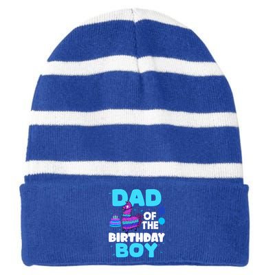 Dad Of The Birthday Boy Llama Dad And Mom Family Party Striped Beanie with Solid Band