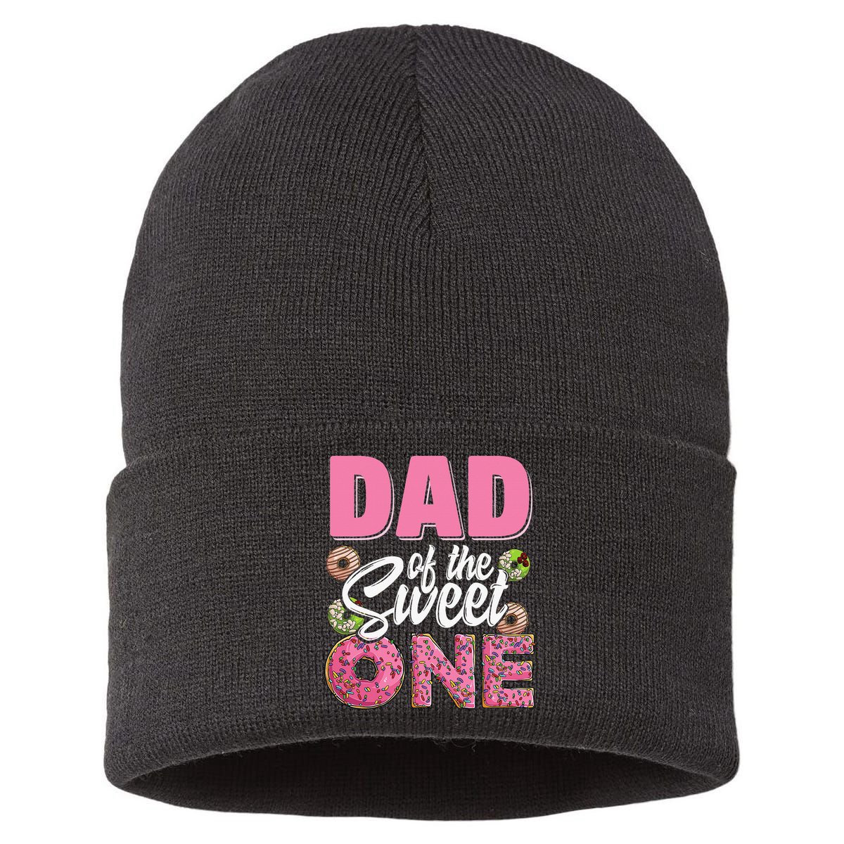 Dad Of The Sweet One Birthday 1st Bday Donut One Party Sustainable Knit Beanie