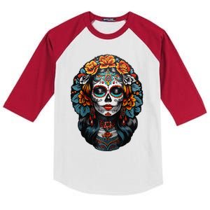 Day Of The Dead De Los Muertos La Catrina Sugar Skull Women Kids Colorblock Raglan Jersey