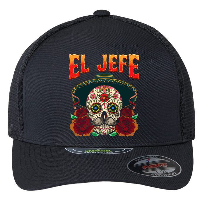 Day Of The Dead Mexico El Jefe Boss Sugar Skull Halloween Flexfit Unipanel Trucker Cap