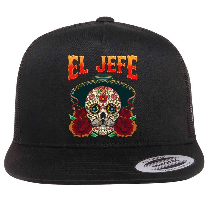 Day Of The Dead Mexico El Jefe Boss Sugar Skull Halloween Flat Bill Trucker Hat