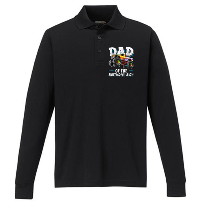 Dad Of The Birthday Boy Monster Truck Birthday Novelty Gift Performance Long Sleeve Polo