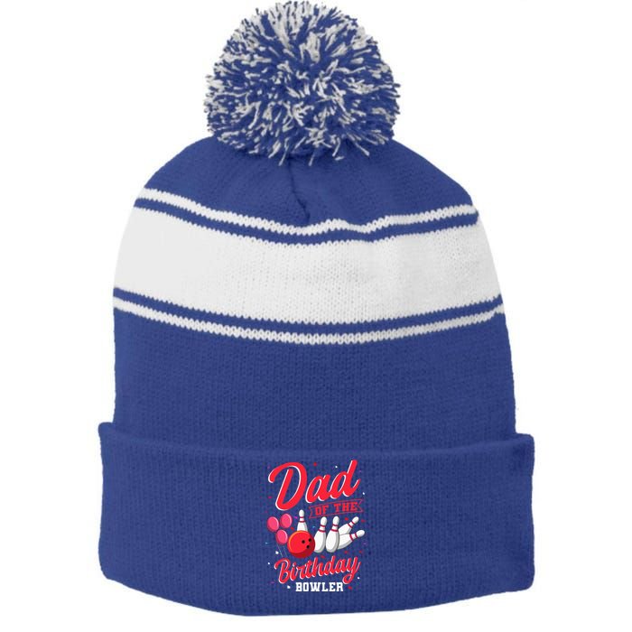 Dad Of The Birthday Bowler Bowling Family Celebration Stripe Pom Pom Beanie