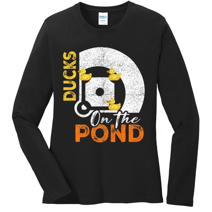 Ducks On The Pond Baseball Field Softball Saying Ladies Long Sleeve Shirt