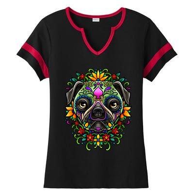 Day Of The Dead Pug Detailed Colorful Illustration Cool Gift Ladies Halftime Notch Neck Tee