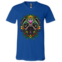 Day Of The Dead Pug Detailed Colorful Illustration Cool Gift V-Neck T-Shirt