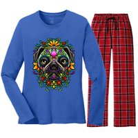 Day Of The Dead Pug Detailed Colorful Illustration Cool Gift Women's Long Sleeve Flannel Pajama Set 