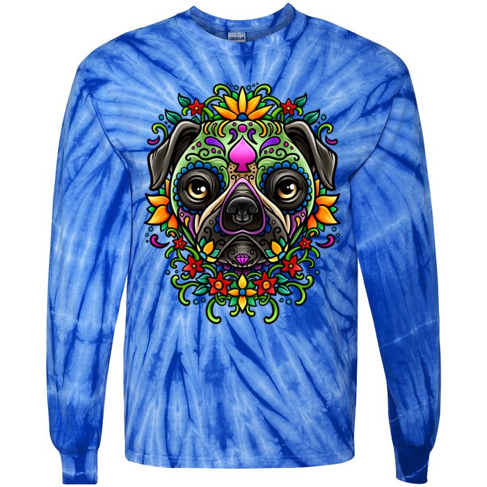 Day Of The Dead Pug Detailed Colorful Illustration Cool Gift Tie-Dye Long Sleeve Shirt