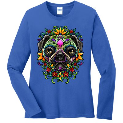 Day Of The Dead Pug Detailed Colorful Illustration Cool Gift Ladies Long Sleeve Shirt